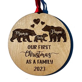 Mama Papa Baby Bear Christmas Ornament - 2023 Dated Our First Christmas as a Family Rustic Wooden Wood Engraved Ornament with Bears (2023)