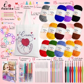 Aeelike Crochet Kits for Beginners Adults, Beginners Crochet Kit for Kids & Adults, 93Pcs Crochet Set-Professional Knitting Crochet Starter Kit with Instructions, 15x25g Yarn, Crochet Hooks Set & More