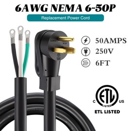 6.6 FT 6 AWG 3 Prong Replacement Power Cord Compatible with NEMA 6-50P 50 Amp 250V Welder Extension Cable with Open End for Welder Dryer Garage Heater Generator, ETL Listed