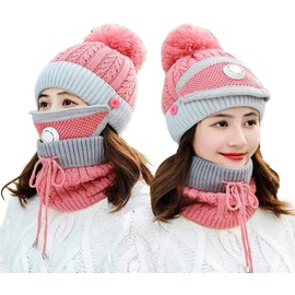 3pcs/Set Fashion Women Winter Knitted Hat Thickened Woolen Cap with Warm Mask and Neck Scarf ((Pink2)