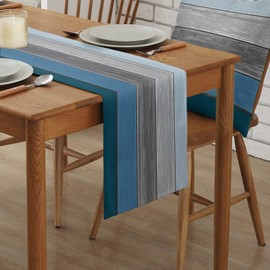 Ocean Hues Farmhouse Cotton Linen Table Runner Retro Rustic Barn Wood Texture Ombre Blue Gray Non-Slip Rectangle Party Table Decorations for Kitchen ,Home ,Dining Table ,Outdoor,Small 13X36 Inches