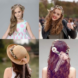 Flower Crown Headband Wreath Garland Hair Bands Floral Wedding Bridal Hair Hoop Women Leaf Ribbon Party Decoration Headdress Headwear Christmas Handmade Headpiece Hair Accessories 2 Pack Coffee