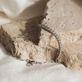 Amoonic Tennis Bracelet Mixed 925 Silver or Gold-Plated with Zirconia Stones I Bracelet & Coarse Link Chain in Mix I Heart Plate Engraving, Sterling Silver