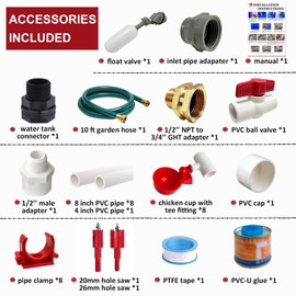 CANVINO Automatic Chicken Waterer System (45 Accessories Included), Complete PVC Pipelines Set with Chicken Water Cups, Float Valve and Garden Hose, DIY Chicken Watering System (No Bucket Included)