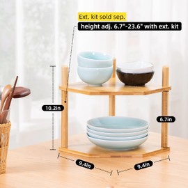WooFawn Expandable Bamboo Corner Shelf for Cabinet - 2-5 Tiers Plate Organizer, Kitchen Space Saver, No Tools Assembly (2 Tier)