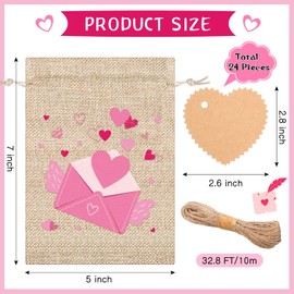 Shappy 24 Pieces Valentine's Day Burlap Bags Heart Burlap Drawstring Gift Bags with Kraft Paper Tags Love Treat Goody Bag for Valentines Candy DIY Craft Wedding Party(Vivid Style)