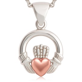 GALWAY Crystal Claddagh Heart Pendant Necklace, Irish Design with Gift Box Sterling Silver - 16"-18" Rose Gold & Silver