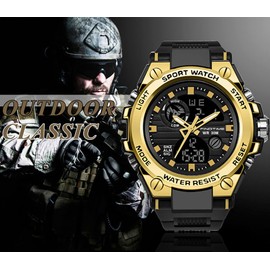 Military Watch Men's Sports Watch Outdoor Tactical Watch Digital 5 ATM Waterproof Watches Men Alarm Clock Stopwatch Wrist Watch Calendar Countdown Date, A-gold
