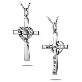 Shields of Strength Women's Stainless Steel Silver Cross Pendant Necklace with Crystal Heart Isaiah 46:4 Bible Verse Christian Faith Gifts Religious