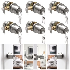 Voraus Keyed Entry Door Knob with Lock and Key, Round Ball Locking Door Knob, Interior and Exterior Door Lock Set for Bedrooms, Bathrooms and Home Use, Brushed Nickel, 6 Pack