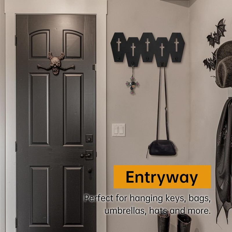 Coffin Coat Hooks, Black Wooden Coat Rack with 5 Hooks,