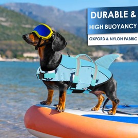 AOFITEE Dog Life Jacket Small, High Flotation Dog Life Vest, Ripstop Dog Life Jacket for Swimming, Reflective Dog Swimming Vest with Rescue Handle and High Buoyancy, Shark Dog Lifesavers Swimsuits