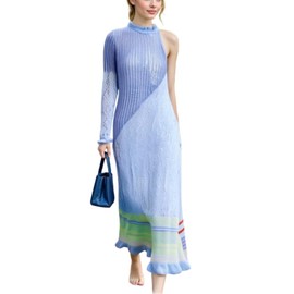 Womens Summer Halter Neck Knitted Dress Solid Color Crochet Backless Sleeveless Mini Dress Y2K 90s E-Girl Streetwear (Blue Maxi Dress, One Size)