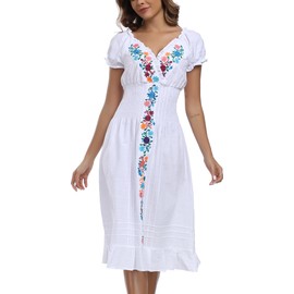 2025 Mexican Dress for Women Linen Dress Embroidered Dress Summer Casual Bohemian Dress Short Sleeve Floral V Neck Wedding Red Dress (XL, E34WBL)