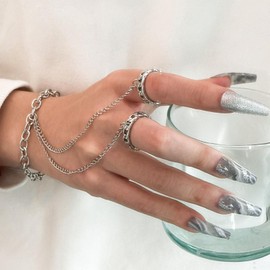 Wendalern Punk Finger Ring Bracelet Layered Tassel Chain Bracelet Two Link Rings Chain Bracelet Slave Hand Harness Wirst Bracelet Adjustable Finger Chain Bracelet Jewellery for Women and Girls, Metal