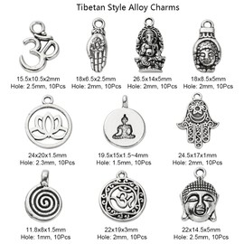 Ornazy 100 pcs 10 Styles Tibetan Hindu Charms Antique Silver Buddha Lotus Hamsa Hand Charms Vintage OM Yoga Chakra Charms for Jewellery Making