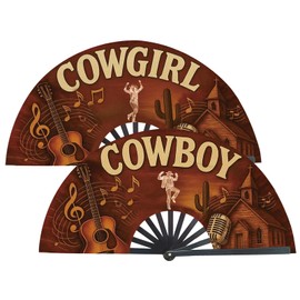 Yatics 2PCS Fans for Line Dancing, Cowgirl&Cowboy 13inch Large Hand-held Flat Fan Western Style Popping Fan for Party, Festival, Club, Dancing