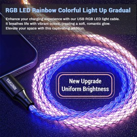 YAKUNN 3.3FT RGB Colorful Glowing USB Type C Fast Charging Cable, Data Transfer, RGB Gradual LED Light up USB A to C, 66W/6A Ultra-Durable Fast Charging Wire, Compatible with Android USB-C Devices