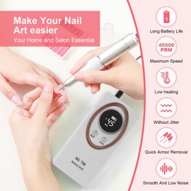 Nail Drill Machine Electric 45000RPM Rechargeable Portable Nail Drill Kit DIY Nail File Electric with Smart LCD Screen for Gel Nail Manicure and Pedicure Reflective Body etc(WHITE)