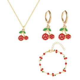 QLUYCKW 3 PCS Cherry Necklace Earrings Jewelry Set for Women Dainty Cute Sweet Cherry Fruit Pendant Necklace 14K Gold Plated Cherry Crystal Bracelet Birthday Party Charm Jewelry (Crystal Cherry)
