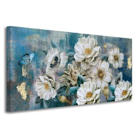 Arjun Flowers Canvas Wall Art White Elegant Modern Teal Picture Gold Foil Rustic Painting Colorful Turquoise Floral Large Artwork for Living Room Bedroom Bathroom Dining Room Home Office Decor 48"x24"