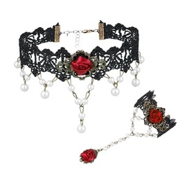 JJDreams Gothic Necklace with Bracelet for Women Elegant Lace Chain Black Bracelet with Rose Pendant, Stainless Steel