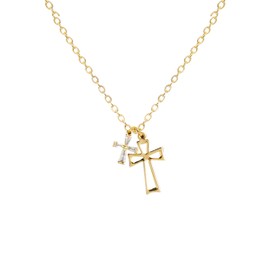 MUSEQVE Double Cross Pendant Necklace for Women 14K Gold Plated Dainty CZ Diamond and Hollow Open Cross Charm Choker Faith Jewelry Religious Gifts [MXN-BC-G]