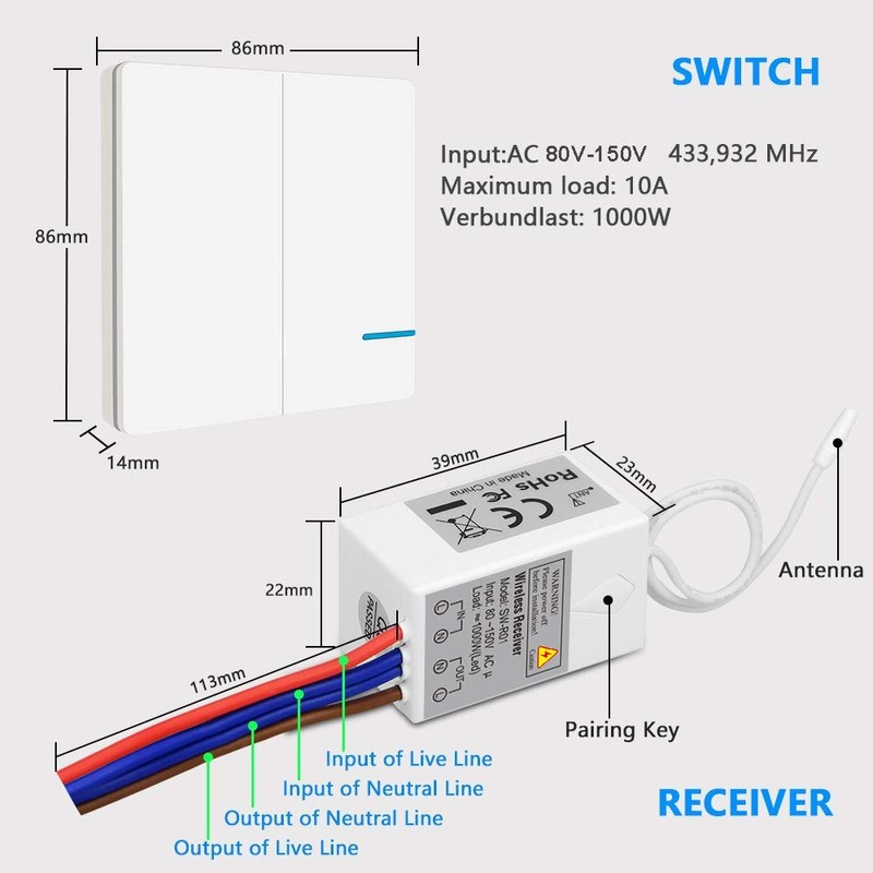 Wireless Lights Switch Kit, Thinkbee 2 Gang Wall Switch with