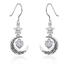 Shysnow Moon Birthstone Earrings for Women 925 Sterling Silver Half Moon Star Dangle Drop Earrings with Heart Crystal Birthday Jewelry for Women, Sterling Silver, Cubic Zirconia
