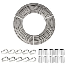 TooTaci 1/4 Stainless Steel Cable, 50ft 1/4 Wire Rope with Thimbles and Aluminum Crimping Sleeves, 7x19 Strands, 6400lbs Breaking Strength Heavy Duty Aircraft Cable for Yard Zipline, Boat Lift