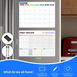 Habit Tracker Magnetic Whiteboard Set-Daily Weekly and Monthly Goal and Habit Tracker Magnetic Whiteboard for Refrigerator-Magnetic Calendar for Fridge -Motivational Goal & Planner Journal