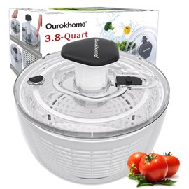 Ourokhome Salad Spinner Lettuce Dryer, One-handed Easy Press Large Vegetable Dryer Salad Mixer with Comfortable and Retractable Pusher and Brake Button for Greens, Herb, Berry, Fruits, 3.8 QT, Black