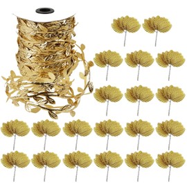 1 Pack Of Golden Leaves, 1 Pack Of Golden Flowers And Leaves, Decorative Artificial Flowers, Party Flower Decorations, Flower Vines For Decoration, Flower Party Decorations