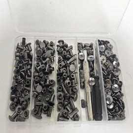 Ojeemii 120 Sets Chicago Screws Leather Rivets Kit, 6 Sizes of Screw Rivets, Gunmetal Black Chicago Screws for Leather Craft Repairs Decoration (M5*4,5,6,8,10,12)