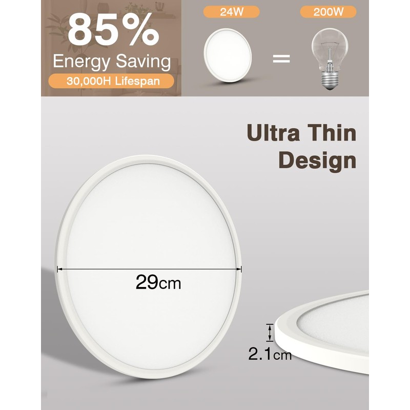 Bowfar LED Ceiling Light, 24 W Round Ceiling Light Flat