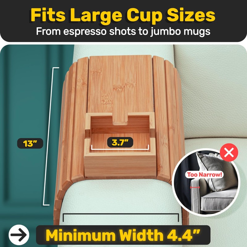 Bamboo Couch Cup Holder for Drink & Snack, Couch Arm