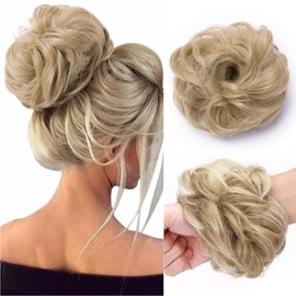 Hairro Messy Hair Bun Hair Pieces Curly Wavy Hair Bun Scrunchies Synthetic Extensions Tousled Updo Hairpieces for Women Mixed Dirty Blonde