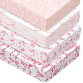 Peryiter 4 Pack Crib Sheets Girl Soft Baby Bed Sheet Set 52'' x 28" Nursery Crib Sheets for Standard Bed for Nursery Decor Baby Boys or Girls(Pink,Pink Bow)