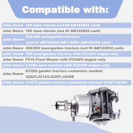 AM122605 Carburetor Assy with Gasket Compatible with John Deere 180 185 240 245 260 265 LX186 GT262 GT275 325 Carb