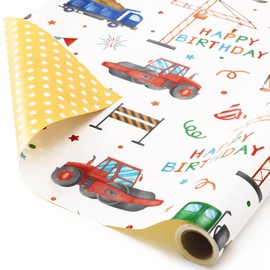 WERNNSAI Construction Ink Wrapping Paper Roll - 1 Roll 17” x 33 ft Truck Tractor Wrapping Paper Yellow Boy Birthday Wrapping Paper Construction Party Favor Gift Wrap, Reversible Polka Dot Design