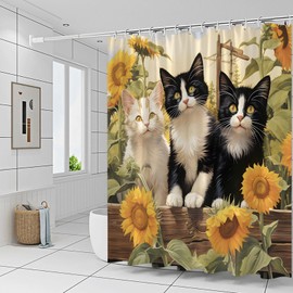 Cute Cat Shower Curtains Funny Animal Farm Flower Sunflower Plant Rustic Farmhouse Country Themed Polyester Fabric Bathroom Decor Curtain 70 x 70 Inch with Hooks