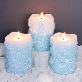 Immeiscent Coastal Starfish Seashell Pillar Candles Set of 3 Light Blue Ocean Scented Embossed Real Wax Aesthetic Decorative Candles for Beach Home Nautical, Bathroom, Summer Party, Housewarming Gift