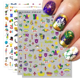 IDDFEVE IDDFEVE Mardi Gras Carnival Nail Art Stickers - 3D Amusement Park, Masks, Beads, Fleur-de-lis, Harlequin & Crowns Self-Adhesive Nail Decals (5 Sheets)