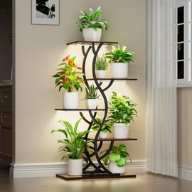 Plant Stand Indoor with Grow Lights - 44" Tall Corner Plant Stands for Indoor Plants, 5 Tiered Metal Plant Shelf, Curved Plant Flower Holder Dispaly Rack for Living Room, Home Patio Balcony (Black)
