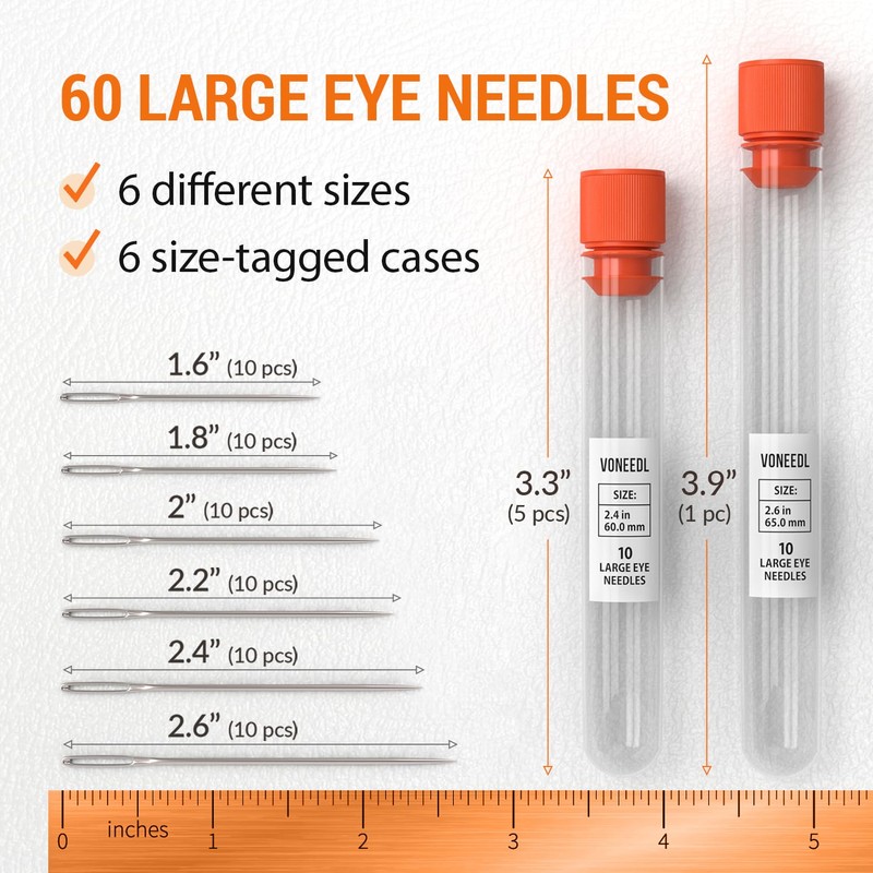 VONEEDL 60 PCS Large Eye Sharp Needles - Easy to