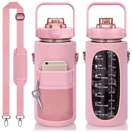 Crownnie Queen 64oz/Half Gallon Water Bottle Carrier Bag Holder with Adjustable Shoulder Strap 2 Pocket Sling Neoprene Sleeve, Crossbody Sports Accessories for Gym, Sports, Outdoor (Pink)