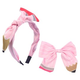 HIFANMM Back to School Headbands Hair Bow for Girls, Pink Pencil Bows Clips Hair Accessories, Pen Headband Students Teachers Outfits Non Slip Hair Band for Women Girls First Day of School Supplies