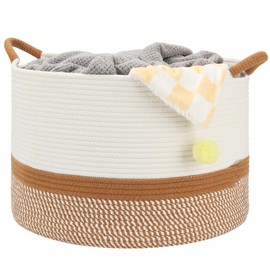 Eblog Large Blanket Basket (20"x13"),Woven Basket for Storage Dirty Clothes Basket for Laundry, Living Room, Nursery, Bedroom Rope Storage Basket for Blankets(White/Brown)