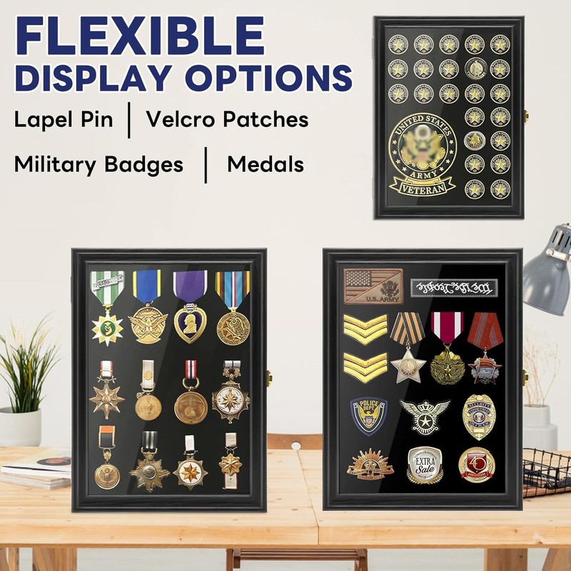 Military Pin Display Case Shadow Box, Solid Pine Wood Medal