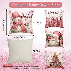 Christmas Pillow Covers, Throw Pillow Case Set of 4 Winter Linen Pink Snowman Father Christmas Trees Gift Cushion Pillow Cover, Christmas Xmas Cushion Cover for Sofa Home Decor-45 * 45cm (Pink)
